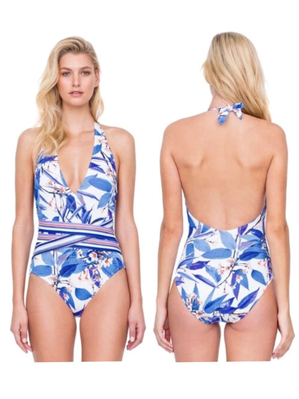 Gottex Sakura One-Piece Halter Neck Swimsuit in Blue Multi Size 14